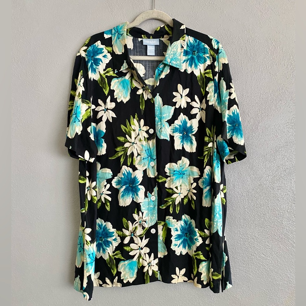 Liz & Me Button Down Womens Size 1X Black Blue Tropical Resortwear Beach